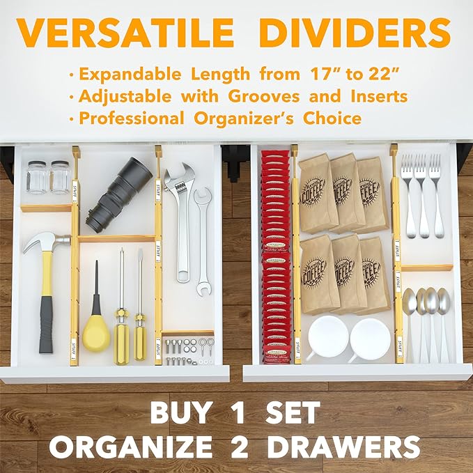 SpaceAid Bamboo Drawer Dividers with Inserts and Labels, Kitchen Adjustable Drawer Organizers, Expandable Organization for Home, Office, Dressers, 4 Dividers with 9 Inserts (17"-22" Natural) - Image 6