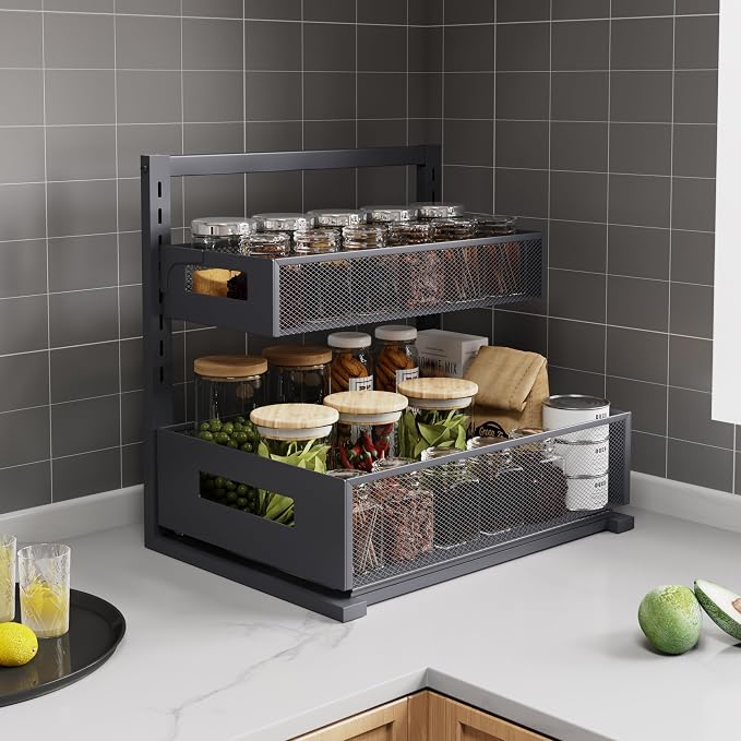 Petiza Under Sink Organizer Pull Out Cabinet Organizer Adjustable Height 2 Tier with Sliding Drawers Kitchen Bathroom Organizer and Storage(Gray-1pc) - Image 5