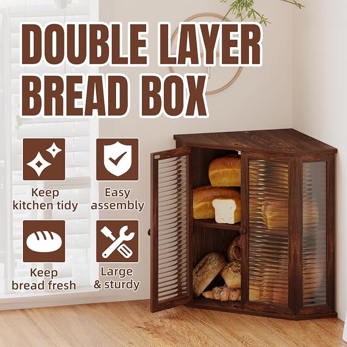 Corner bread box Bread Box for Kitchen Countertop - Corner Bread Storage Box 16.5" H, Premium Wood with Glass Door, Perfect for Homemade Bread, (Pine wood) - Image 2