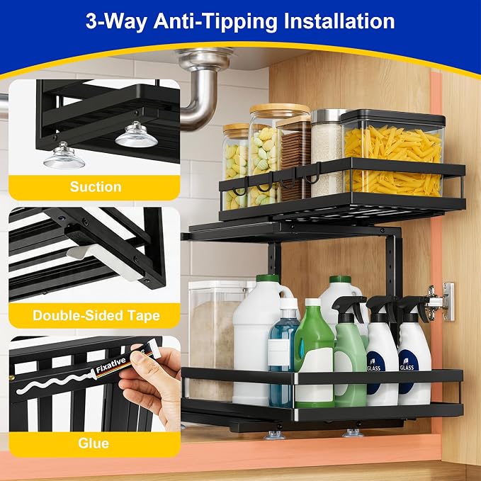 2-Tier Metal Pull-Out Under Sink Organizer, Black, 2 Pack | Carbon steel 2-tier set, ball-bearing slides, adjustable height, no-drill setup, for kitchen and bathroom cabinets - Image 6