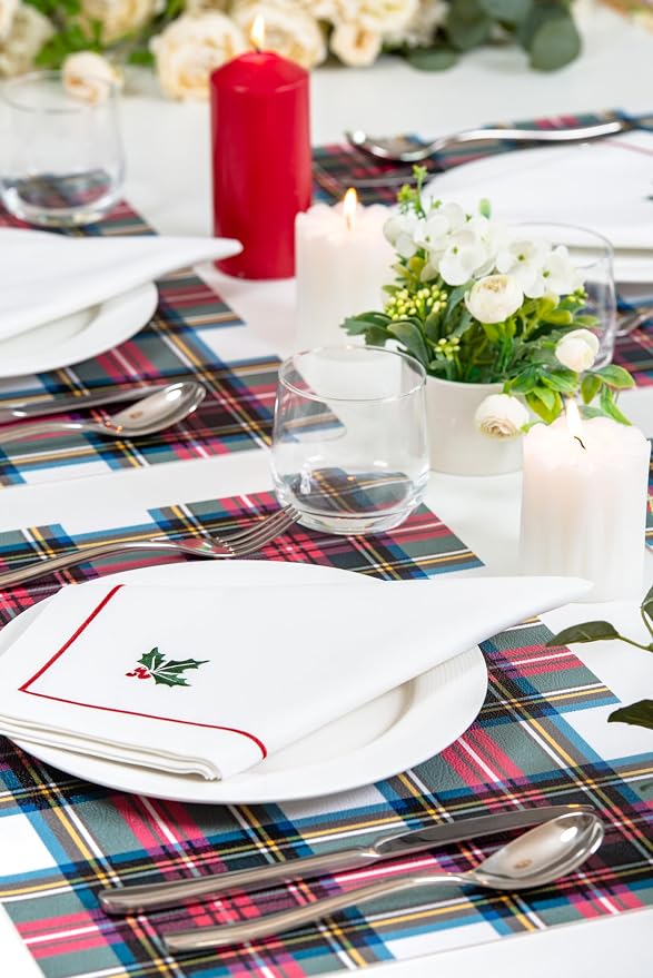 Hofdeco Premium Classic Christmas Holiday Cotton Cloth Napkins Set of 4, Washable Dinner for Christmas, Events, Parties, Embroidered Holly Red Green, 20"x20" - Image 4