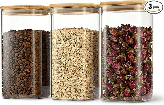 D2scrma 50oz Airtight Glass Square Storage Canister with Bamboo Lid Set of 3 (1500ml) Container Stackable Spice Jar, Kitchen Canister for Flour, Cookies, Cereal and Coffee beans (‎with Black Lable) by Delicatedtoservicecustomer