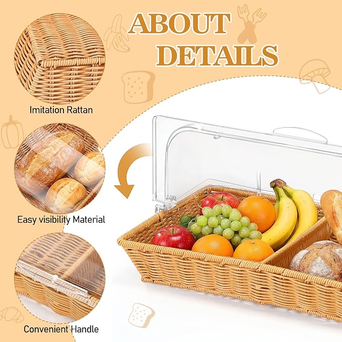 2 Set Wicker Bread Baskets for Serving with Clear Acrylic Roll Top Lid Woven Rattan Bread Basket Large for Fruit Food Picnic Summer Pool Party Outdoor BBQ(21.26 x 13 Inch,2 Compartment) - Image 3