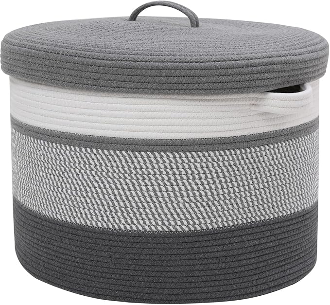 20x15 Inch Extra Large Round Cotton Rope Storage Basket with Lid, Decorative Woven Bin with Cover for Living Room Bedroom Closet, Grey Mix & Dark Grey by Cottonphant