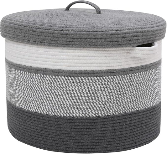 20x15 Inch Extra Large Round Cotton Rope Storage Basket with Lid, Decorative Woven Bin with Cover for Living Room Bedroom Closet, Grey Mix & Dark Grey by Cottonphant