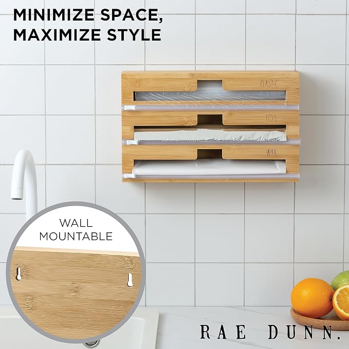 Rae Dunn Bamboo Bag Organizer for Kitchen Drawer - Durable Wood Organizer for Kitchen Storage - Holds Gallon, Quart, Snack, Sandwich Size Baggies, Plastic Wrap and Foil - Image 3