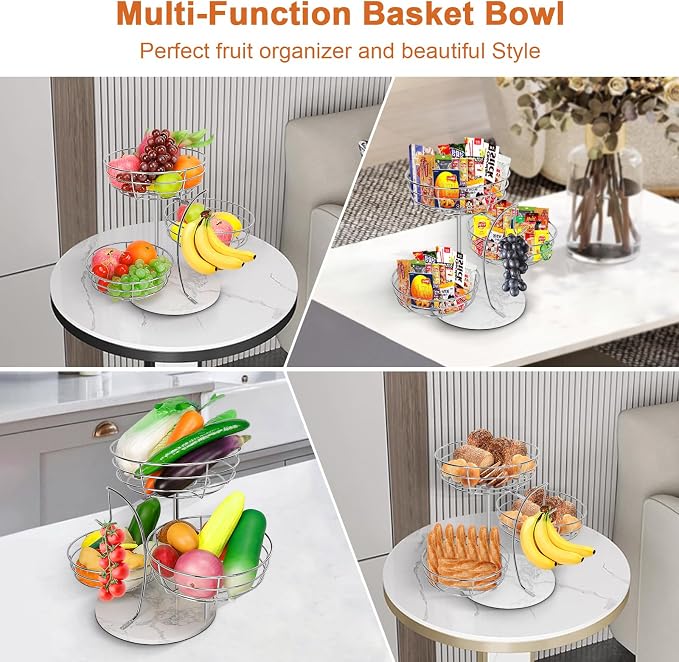 Livabber Fruit Basket Bowl with Banana Hanger, Metal Fruit Vegetable Storage Basket with Banana Holder for Kitchen Counter, Detachable Organizer for Bread Snack Produce (Chrome, 3-Tier Marble Base) - Image 7