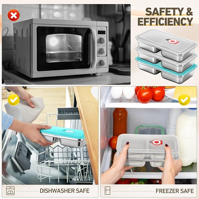 12 Pack Stainless Steel Snack Containers Snackle Container Box with 3 Colors Leakproof Lids Reusable 2 Compartment Stackable Lunch Box for Work Travel Party Beach Picnic Outdoor Portion Control Meal - Image 5