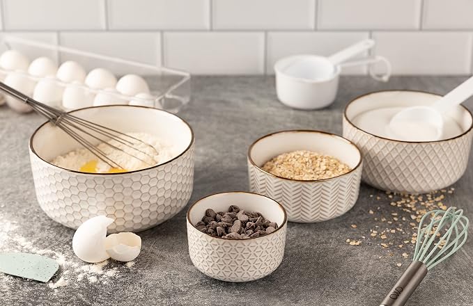 KooK Serving Bowls, with Lids, Ceramic Nesting Bowls, Set of 4, Embossed, Kitchen, Prep, Stackable, Gift, Microwave and Dishwasher Safe, 10/16/29/47 oz, Narbonne Collection (Ivory) - Image 6