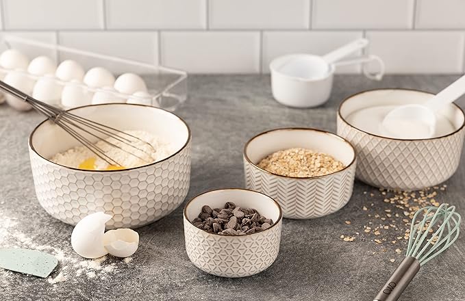 KooK Serving Bowls, with Lids, Ceramic Nesting Bowls, Set of 4, Embossed, Kitchen, Prep, Stackable, Gift, Microwave and Dishwasher Safe, 10/16/29/47 oz, Narbonne Collection (Ivory) - Image 6
