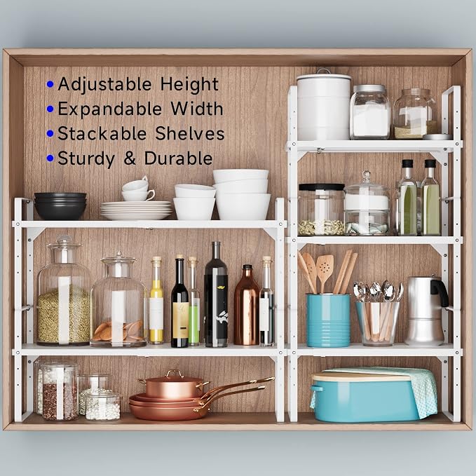 Expandable Cabinet Shelf Organizer, Stackable Kitchen Pantry Counter Storage, Adjustable Closet Cupboard Stand Rack Risers Spice Organization 80LBS Heavy Duty White Small 1 Pack - Image 7