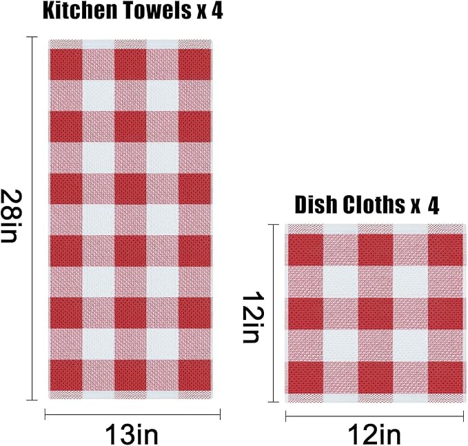 Homaxy Kitchen Towels and Dishcloths Set, Set of 8, White & Red | Bulk Cotton Waffle Weave Check Plaid Kitchen Towels, Super Soft and Absorbent Dish Cloths, 12 x 12 and 13 x 28 Inches - Image 5