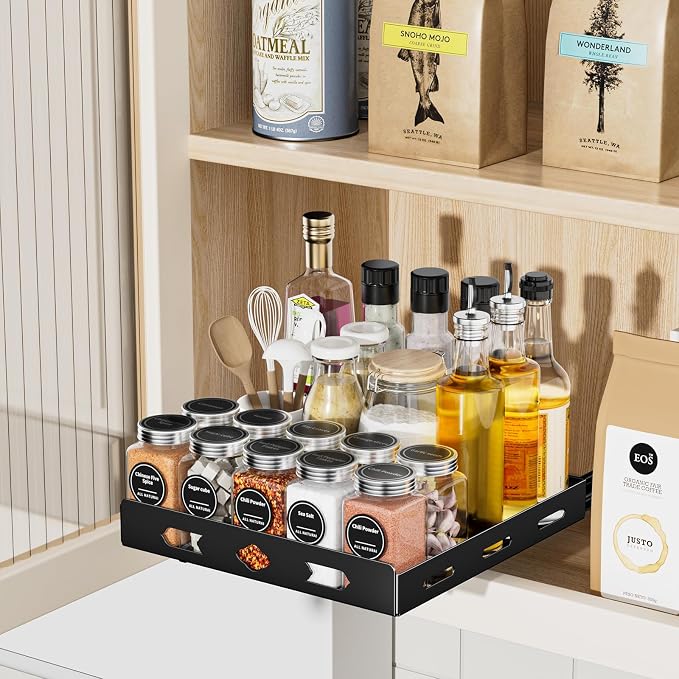 BOIVSHI Pull Out Spice Rack, 10.5''Wx10.5''Dx2.8''H | 1 Tier Spice Racks for Inside Cabinets, Metal Cabinet Spice Organizer for Kirchen, Pantry, Easy to Assemble, Black - Image 4