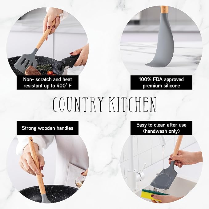 Country Kitchen Non Stick Silicone Utensil Set with Rounded Wood Handles for Cooking and Baking, 14 Piece Set, Gray - Image 4
