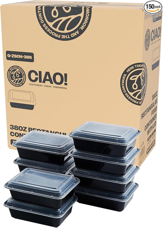 CIAO! Heavy Weight 38oz Injection Molded Microwavable Black Rectangular Food Container with Lid (150/case) by Ciao