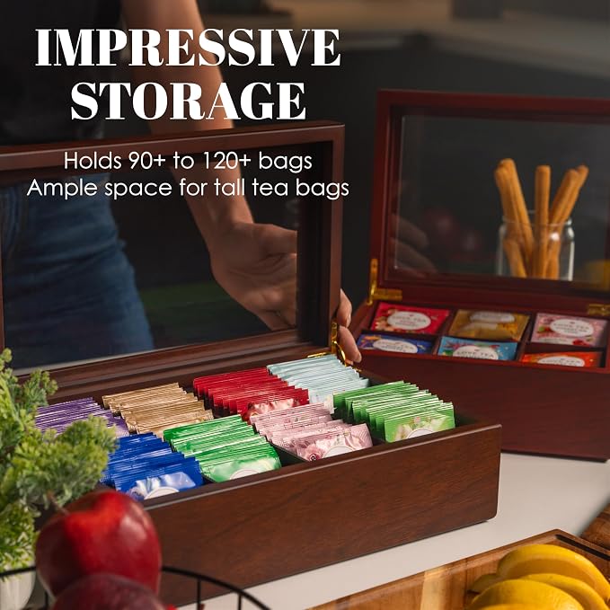 Tea Box - Luxury Wooden Tea Bag Organizer from The Apace Premier Collection - 8 Compartment Tea Storage Chest Container - Elegantly Handmade w/Scratch Resistant Window - Image 6