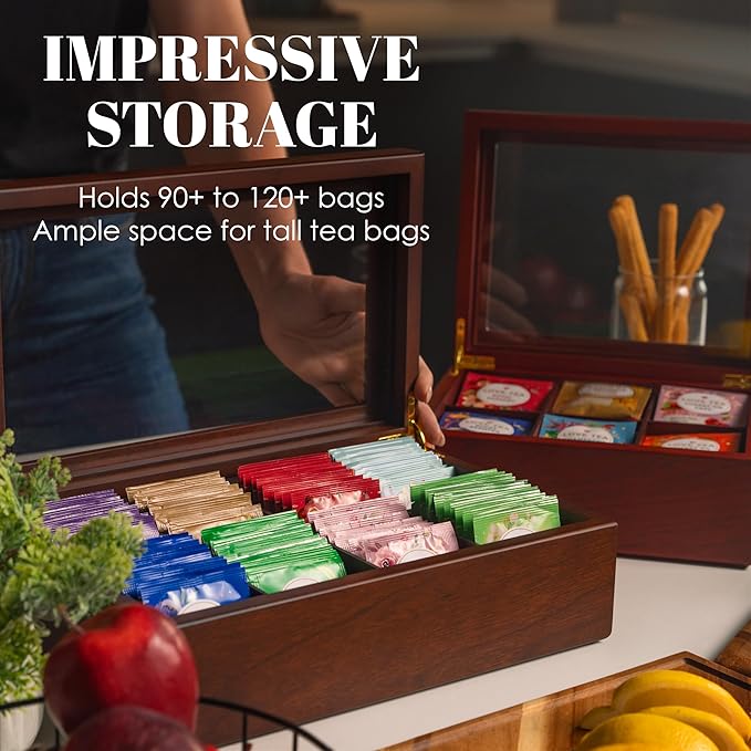 Tea Box - Luxury Wooden Tea Bag Organizer from The Apace Premier Collection - 8 Compartment Tea Storage Chest Container - Elegantly Handmade w/Scratch Resistant Window - Image 6