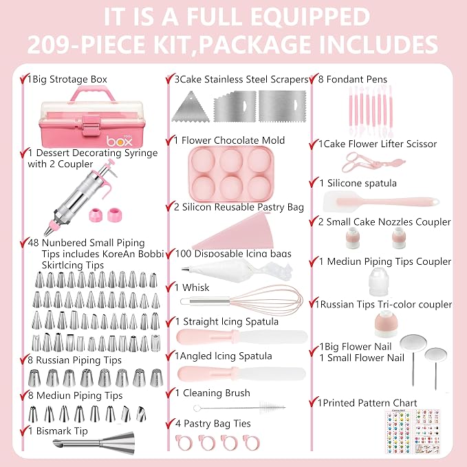 Gawren-H&E 209 PCS Cake Decorating Kit, Baking Supplies tools for beginner | Cake Decorating Supplies with Icing Dispenser Gun,Piping Bags and Tips Set,Scrapers and more-Frosting Piping Kit(Light Pink) - Image 2