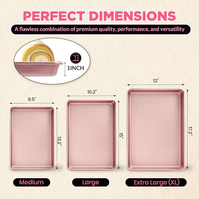 Saker 3-Piece Heavy Duty Carbon Steel Baking Sheets Set,Non-Stick Cookie | | Oven Safe, Even Heating, for Baking, Roasting, Cooking – Professional Grade (Pink) - Image 2