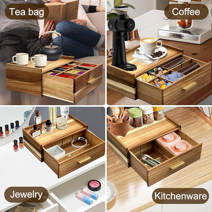 Thick&Thin Acacia Wood Tea Bag Organizer, Tea Organizers and Storage Box With Removable Divider Drawer, Tea Bag Holder Station Caddy Container for Countertop, Tea Accessories Gift Box (1Pcs) - Image 8