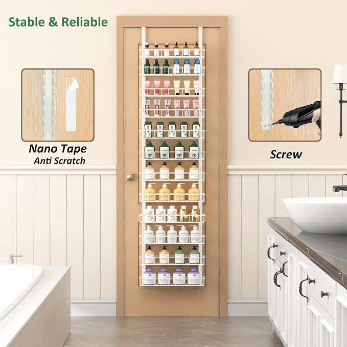 Churboro 12 Tier Over Door Pantry Organizer, 2-in-1 Adjustable Spice Rack | Pantry Door Organizers and Storage, Hanging or Wall Mount Spice Rack, Sturdy Metal Shelves with 12 Adjustable Baskets, White - Image 5