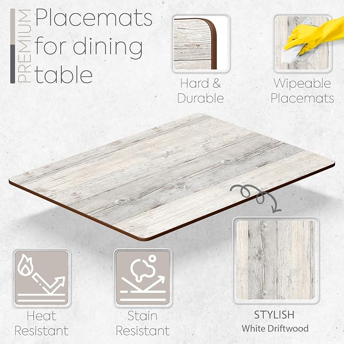 Set of 4 Heat Resistant Cork Placemats for Dining Table with Free Set of 4 Matching Drink Coasters Cork Wood Design Print 16 x 12 Inches Cork Backed Hard Placemats (White Driftwood) - Image 2