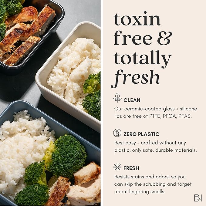 20-Piece Glass Food Storage Containers Set with Lids (10 Containers + 10 Lids) | Microwave-Safe Airtight Seal, Oven-Safe Ceramic-Coated Glass | Zero Plastic, No PFAS/PFOA/BPA [Dusk] - Image 3