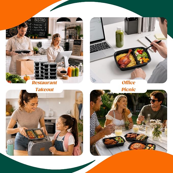 Glotoch 100 Pack(200-Piece)32oz 2-Compartment Meal Prep Containers with Lid | Food Storage Containers with Lids,Microwave Freezer Dishwasher Safe,Sturdy Leakproof&BPA Free Bento Box for To Go Take Out - Image 7