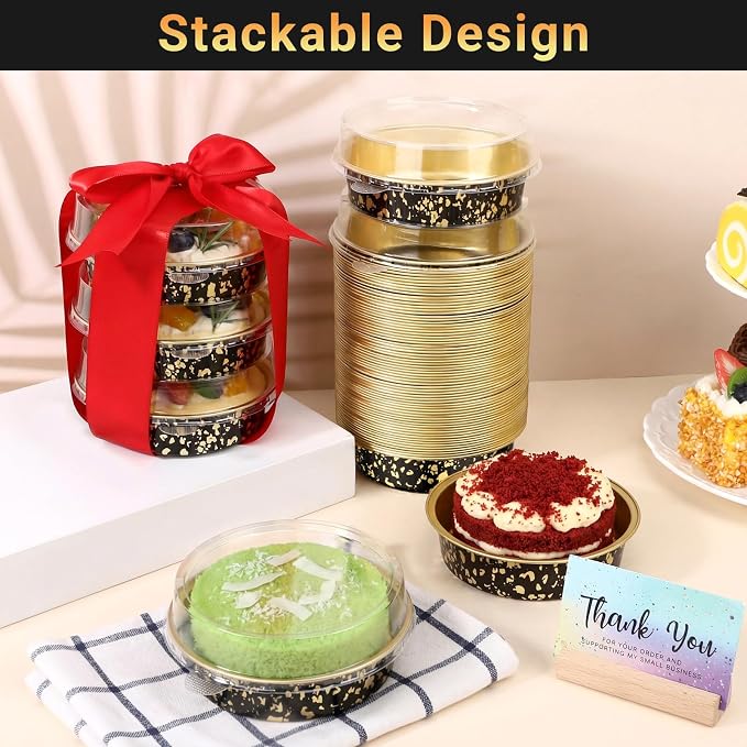 Beasea 4 Inch Pie Tins with Lids, 50 Pack 7.3 Oz Disposable Mini Tart Tins, Aluminum Foil Baking Tins Small Round Muffin Container Mini Cheesecake Cups for Pie Tart Quiche - Black Gold Speckles - Image 5