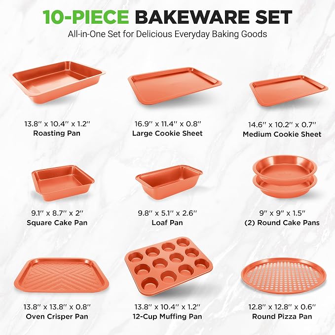 NutriChef 10-Piece Oven Baking Pans Set - Deluxe Carbon Steel Bakeware Set with Non-stick Gray Coating Inside and Out, Dishwasher Safe & PFOA, PFOS, PTFE Free - Image 4