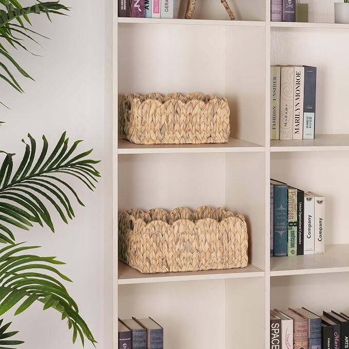 iEGrow Scalloped Wicker Basket, Set of 2 Woven Rattan Natural Water Hyacinth Baskets with Built-in Handles, Rectangle Storage Baskets for Organizing, Decor, Shelf and Nursery Room - Image 6