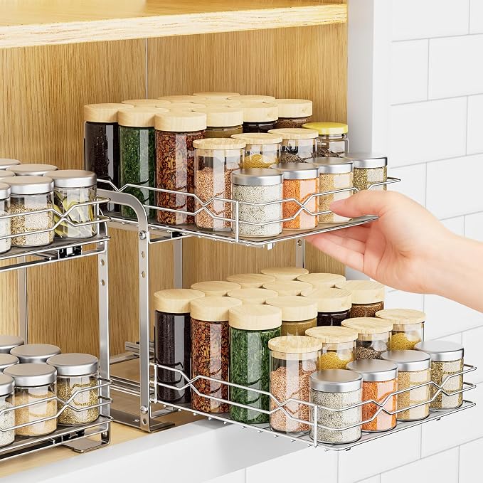 RCHYFEED Pull Out Spice Rack, 2 Tier Height Adjustable Vertical Spice Rack | Chrome,Tape or Screw Mount Available, Heavy Duty Sliding Spice Rack 9.2W x 10.4D x 9.8H, Fits Cabinets with or without Lip - Image 8