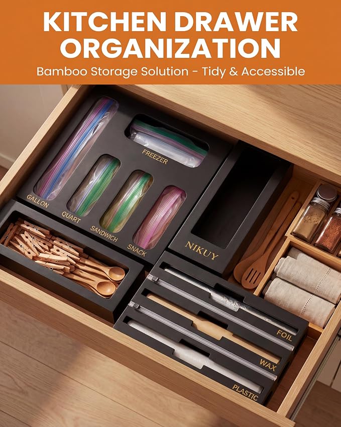 9 IN 1 Bamboo Foil and Plastic Wrap Organizer for Kitchen Drawer, Plastic Bag Organizer Organization and Storage, Food Storage Bag Organizer (BLACK) - Image 4