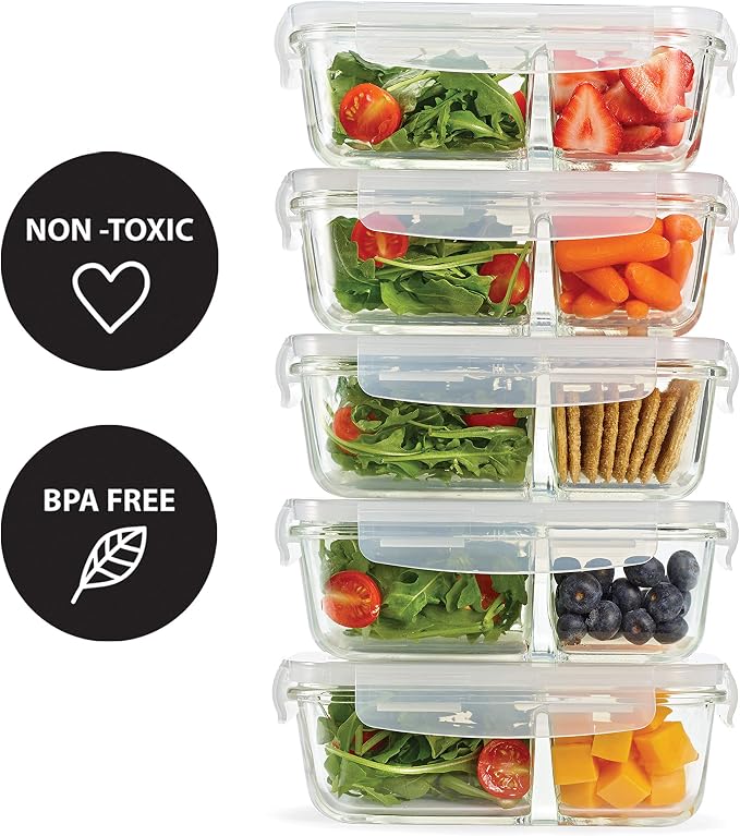 Fit & Fresh Divided, 5-Pack, Two Compartments, Set of 5 Containers with Locking Lids, Glass Storage, Meal Prep Containers with Airtight Seal, 27 oz. - Image 3