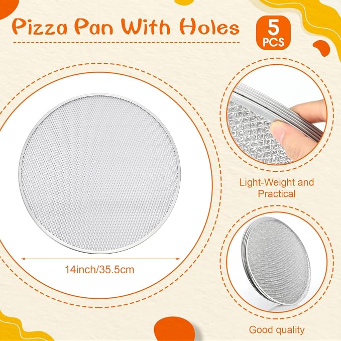 Nuogo 5 Pcs 14 Inch Pizza Pan with Holes Aluminum Mesh pizza Screen Seamless Round Tray for Oven Nonstick Baking Sheet for Kitchen Bakery Restaurant BBQ Party Cookware Supplies - Image 2