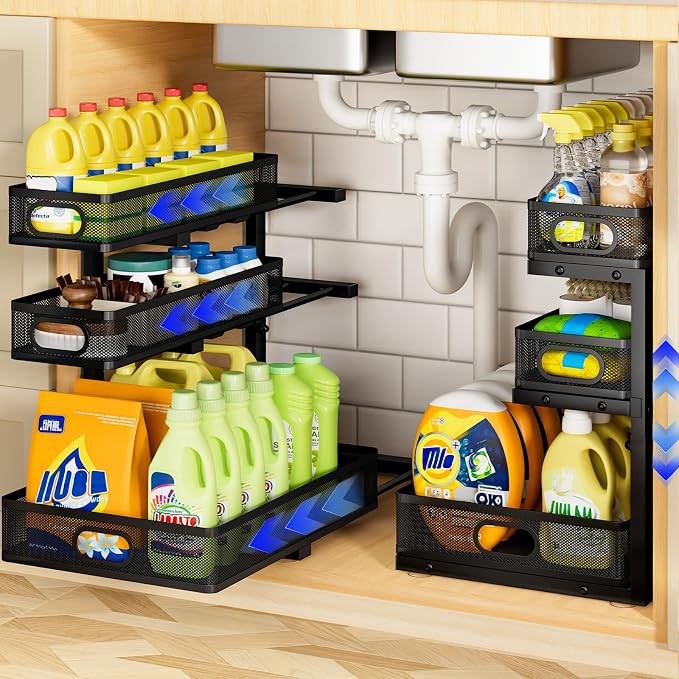Under Sink Organizer 3 Tier, 2 Pack L-Shaped Pull-Out Cabinet Organizer with Sliding Metal Mesh Drawers, Height Adjustable Under Sink Storage Rack for Kitchen Bathroom Cabinet, Black by AURIKAR