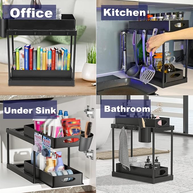 Double Sliding Cabinet Basket Organizer Drawers, 2 Tier Slide Out Under Sink Organizers Storage Under Cabinet Bathroom Organizer with Hooks & Hanging Cup for Kitchen Countertop (Black) - Image 2