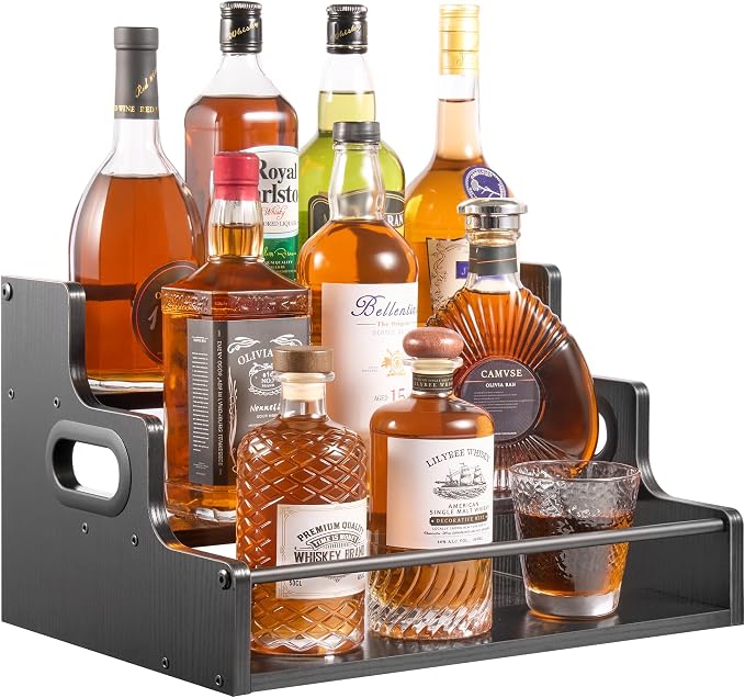 YQBRAO 3-Tier Liquor Bottle Display Shelf, 16-Inch, Black | Holds up to 12 bottles with clear stepped visibility for whiskey, bar carts, compact counters, and home bars. by Unknown