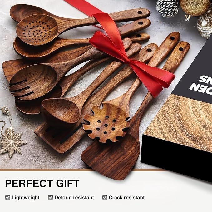 Wooden Spoons for Cooking -10 Pcs Cooking Utensils Set with Smooth Finish, Durable Teak Wood Kitchen Utensils Set, Nonstick Cooking Utensils, Lightweight, Heat-Resistant, Comfort Grip Kitchen Utensils - Image 6