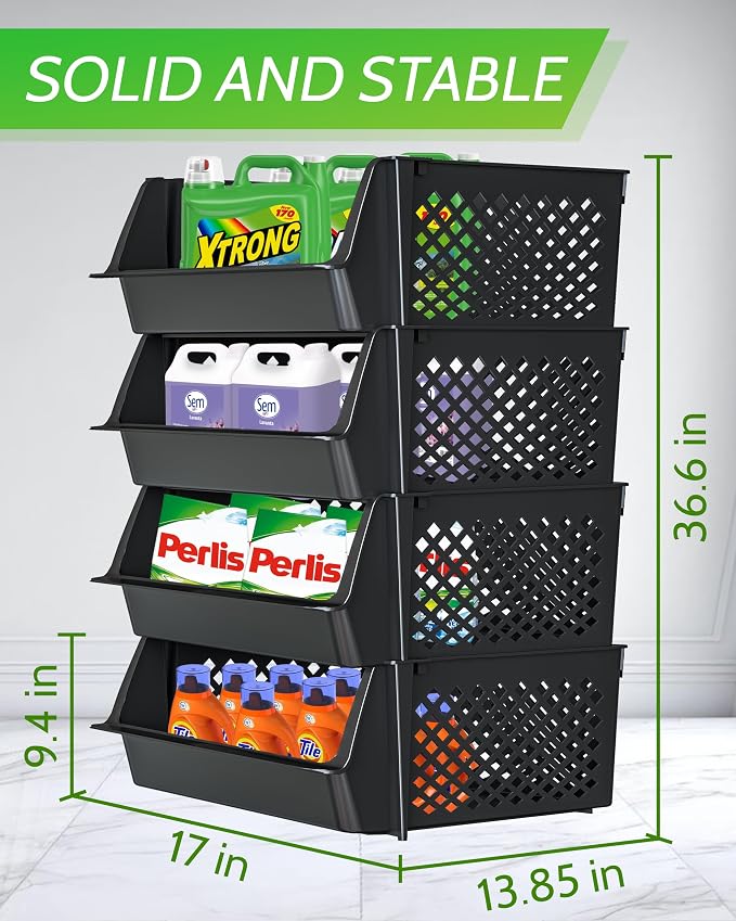 Large Stackable Storage Bins Open Front for Pantry Storage, 4 Pack - Black | Sturdy Plastic, Easy Stacking, Open Front Access, Ventilated Sides, Vertical & Space Saving Pantry Organizers and Storage Bin - Image 3
