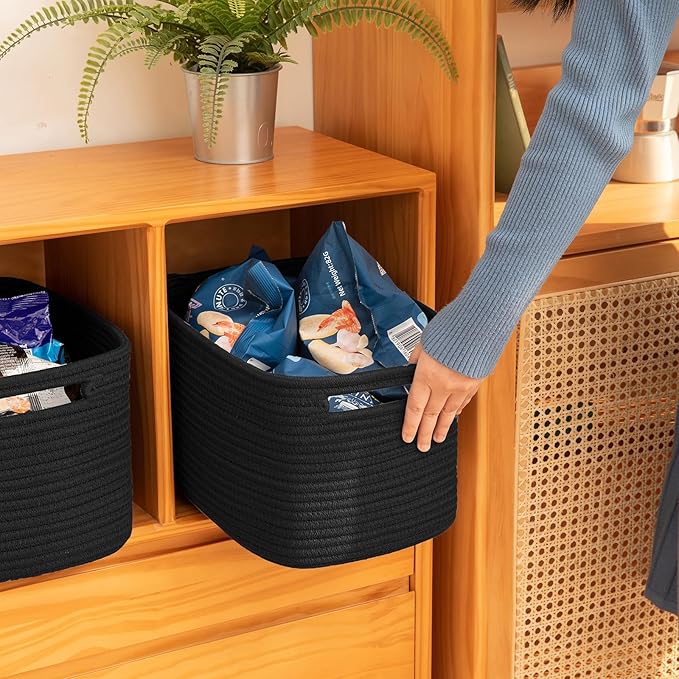 OIAHOMY 4 Pack Storage Baskets for Organizing, Cube Storage Bins for Shelves, Rectangle Storage Baskets With Handles, Woven Baskets for Storage, 16''Lx12''Wx8''H, Black - Image 3