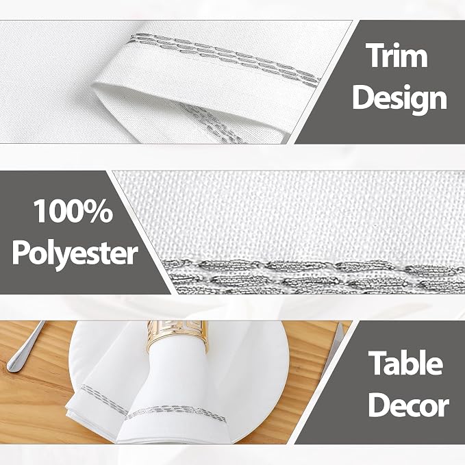 Majestic Giftware Polyester Napkins - NPK2-SL | Set of 12 (20" x 20") White Silver Trim Design Dinner Napkins Cloth | Linen Look Washable Cloth Napkins Set for Weddings, Banquets, or Restaurants - Image 5