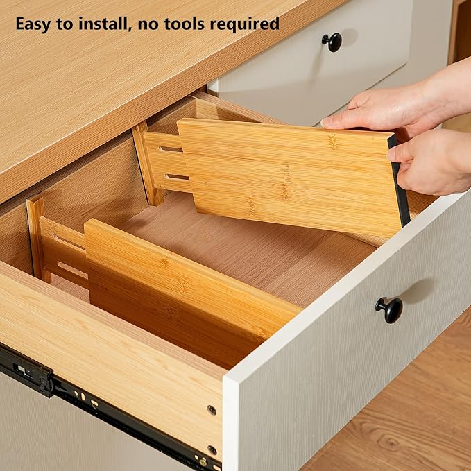 Fabsome Dresser Drawer Organizers 6 Pack, 4.65'' High Adjustable from 17-22‘’ Bamboo Drawer Dividers for Clothing Baby Clothes, Wooden Separators for Dresser Nursery Organization with Soft Foam Ends - Image 9