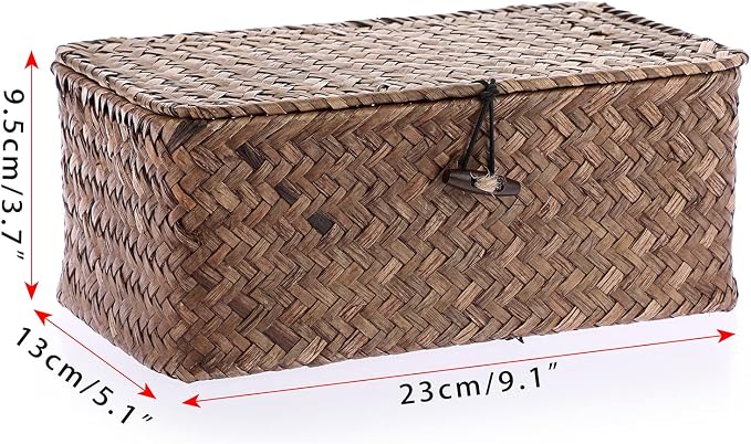 Hipiwe Wicker Shelf Baskets Bin with Lid, Handwoven Seagrass Storage Boxes | Rectangular Household Basket Boxes for Shelf Wardrobe Home Organizer, Coffee X-Small - Image 4