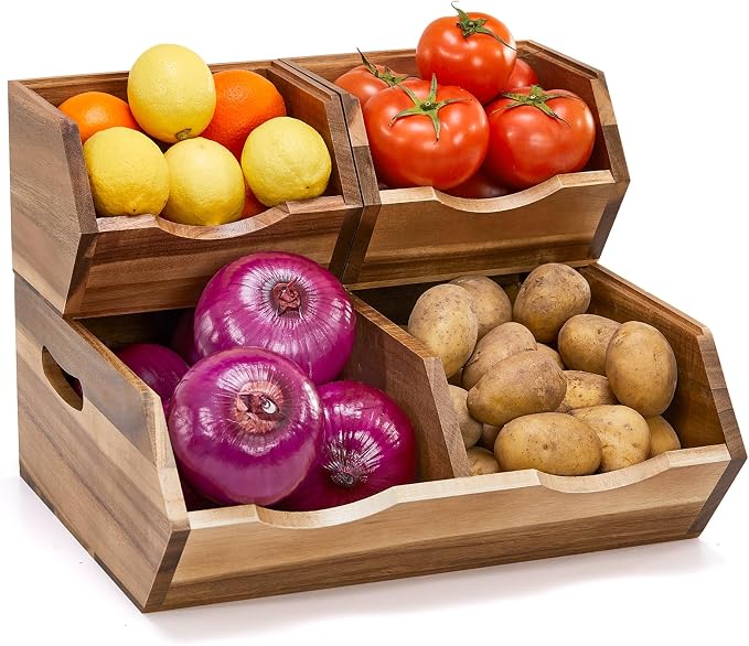Acacia Wood Pantry Storage Bins, Stackable Storage Baskets Potato and Onion Storage Bins, Pantry Organizer Wooden Baskets Organization and Storage, Set 3 Pieces by ICOHOT