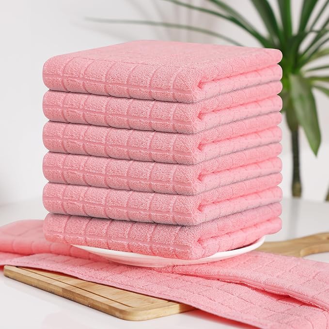 Homaxy Premium Ring Spun Cotton 390 GSM Kitchen Towels, 6 Pack, Pink | 16" x 28" Large Dish Towels, Super Absorbent Terry Hand Towels, Soft Tea Towels with Hanging Loops - Image 7
