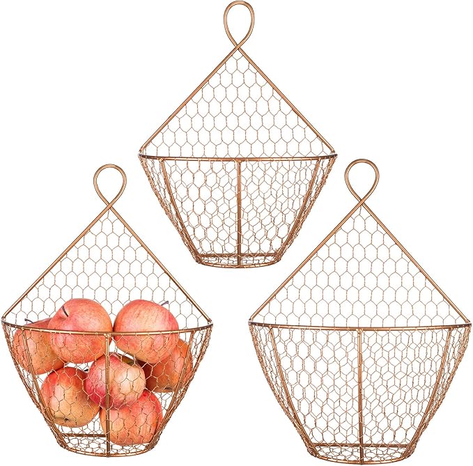 MyGift Set of 3, Farmhouse Copper Metal Wire Mesh Wall Hanging Baskets, Wall-Mounted Storage Basket, Decorative Kitchen Fruit Wall Basket Produce Holder - Image 6