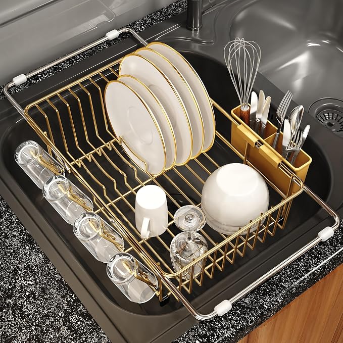Gold Dish Drying Rack Over The Sink with Utensil Holder | Expandable Stainless Steel Dish Drainer for Small Kitchen, Apartment, RV, Counter Space Saving, Perfect Fit, Rustproof by MAJALiS