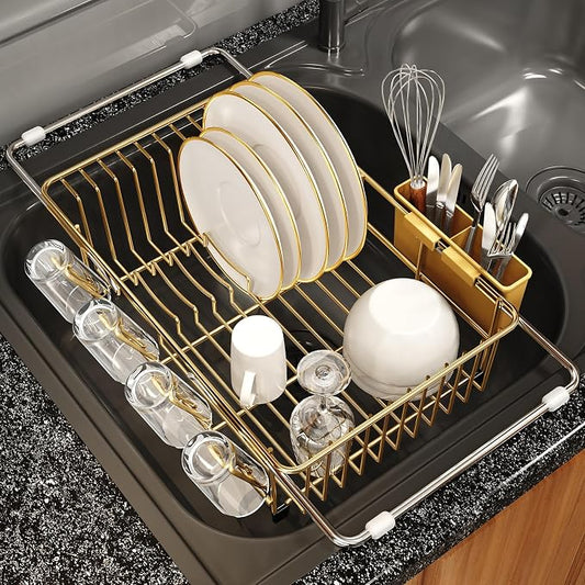 Gold Dish Drying Rack Over The Sink with Utensil Holder | Expandable Stainless Steel Dish Drainer for Small Kitchen, Apartment, RV, Counter Space Saving, Perfect Fit, Rustproof by MAJALiS