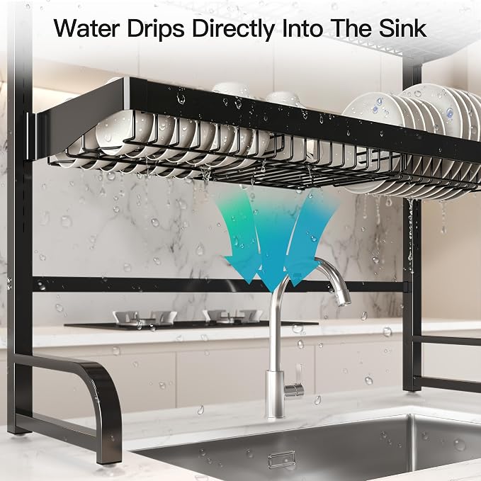 3 Tier Extra Large Stainless Steel Over The Sink Dish Drying Rack | Rust Proof Metal, Expandable Kitchen Sink Drainer, Counter Space Saving, Heavy Duty, Modern Black, Multifunctional Storage - Image 5